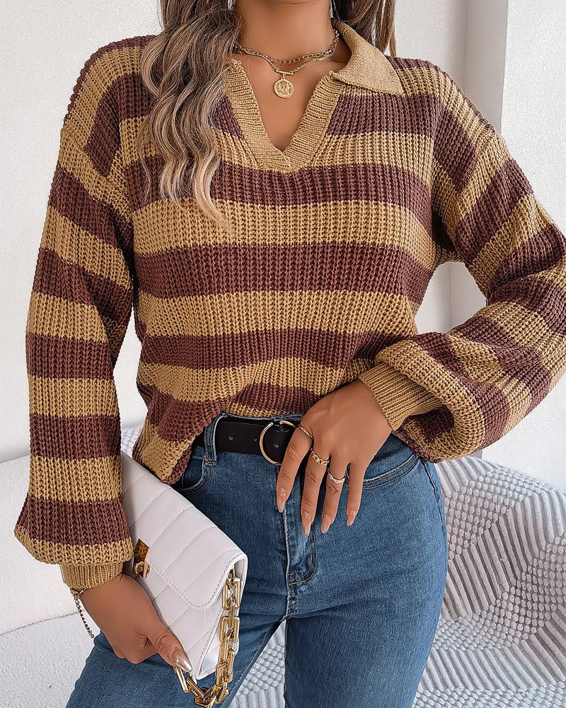 Striped Lantern Sleeve Knit Sweater