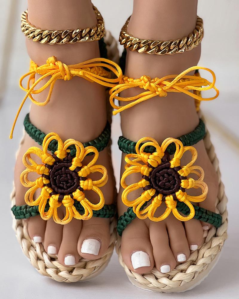 Flats-Sandals Sunflower Pattern Braided Beach Sandals