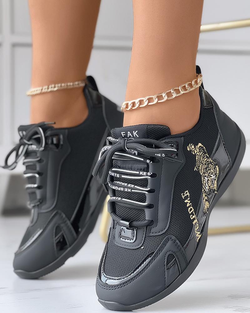 Tiger Embroidery Colorblock Lace-up Sneakers