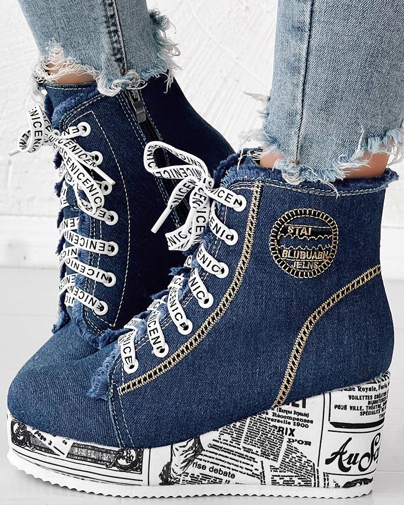 Newpaper Lace-up Raw Hem Wedge Denim Ankle Boots