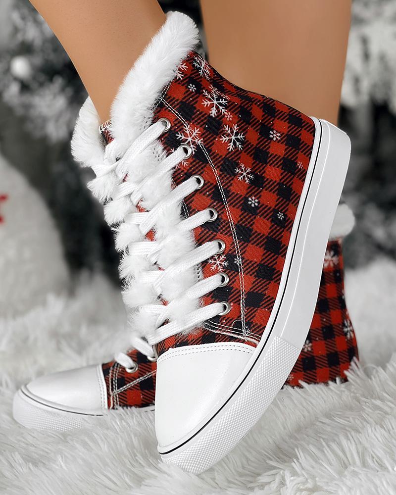 Christmas Plaid Snowflake Print Fuzzy Detail Lace-up Lined Ankle Boots