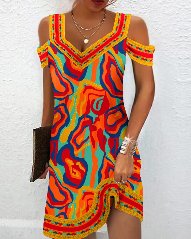 Multi-Color Abstract Print Cold Shoulder Casual Dress