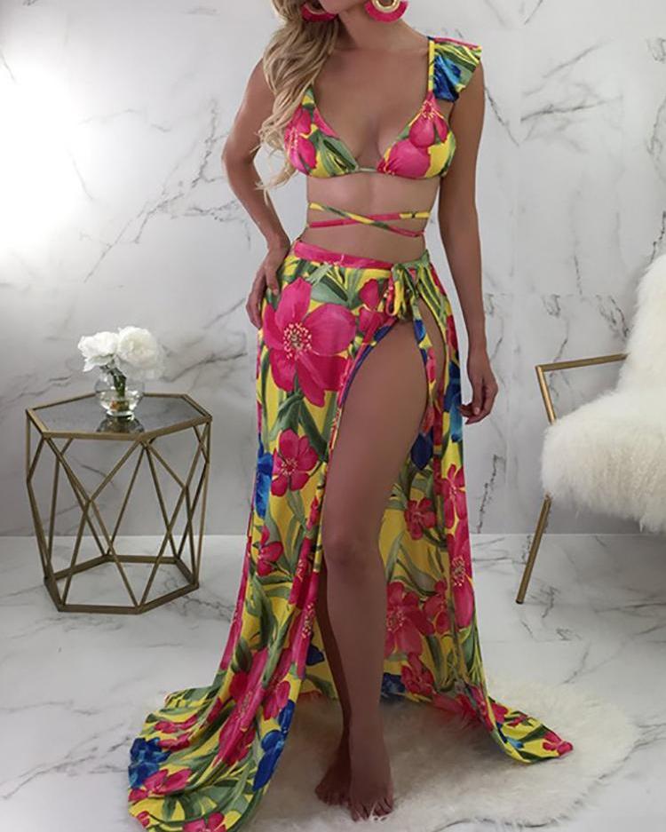 3PCS Floral Print Strappy Bikini With Cover Up