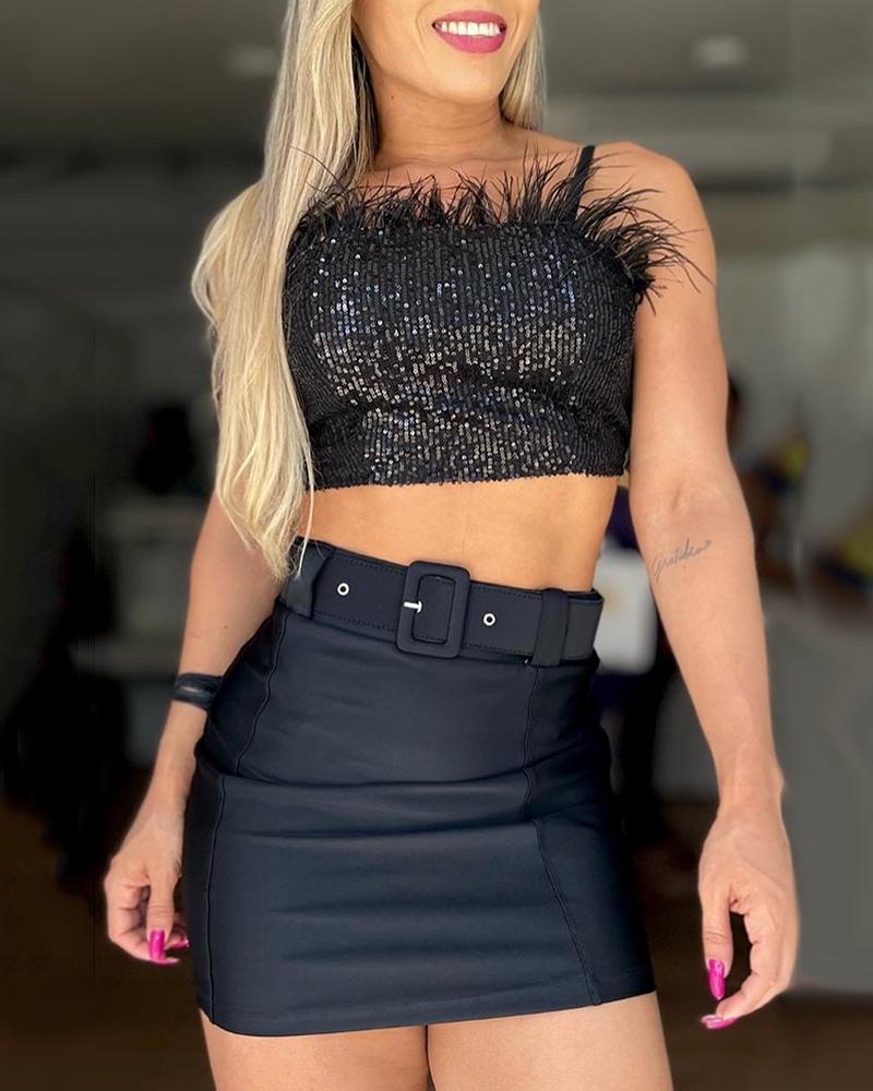 Feather Decor Sequin Cami Top & Skirt Set With Belt