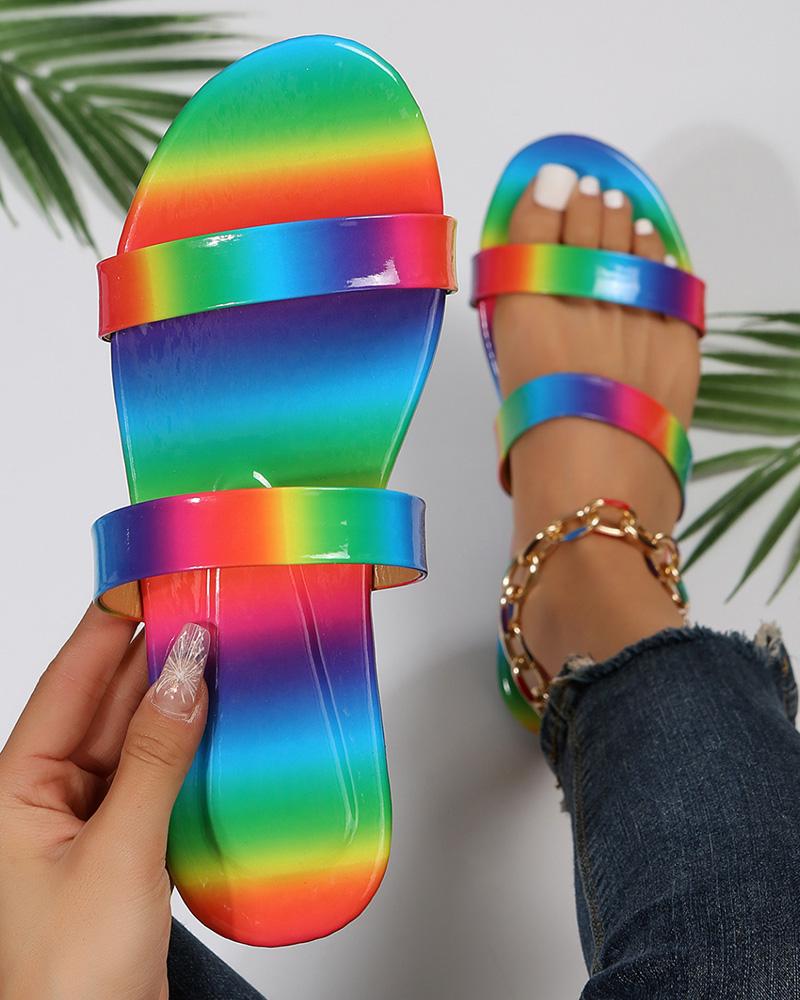 Rainbow Stripe Print Ombre Summer Beach Slippers