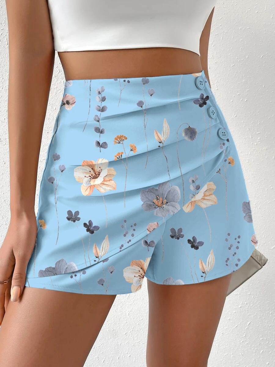  Floral Print Side Button Ruched Shorts