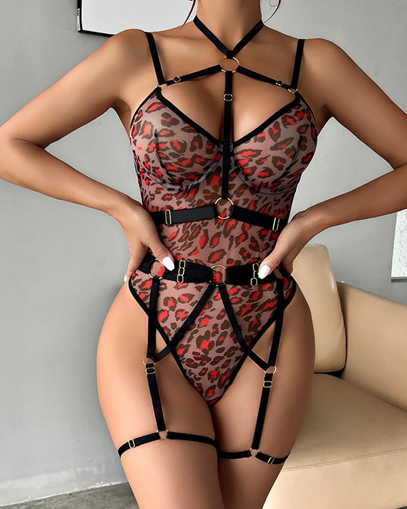 Leopard Print O-Ring Bandage Halter Teddy