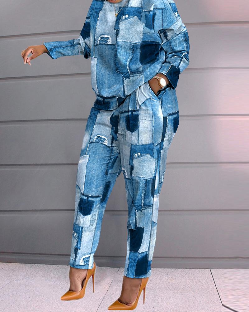 Plus Size Denim Look Print Long Sleeve Top & Pants Set