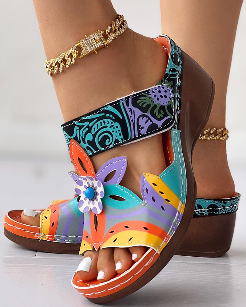 Colorblock Tribal Floral Pattern Wedge Slippers
