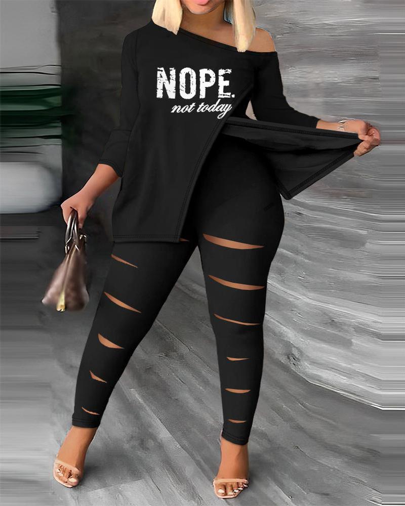 Plus Size Nope Not Today Split Hem Top & Pants Set