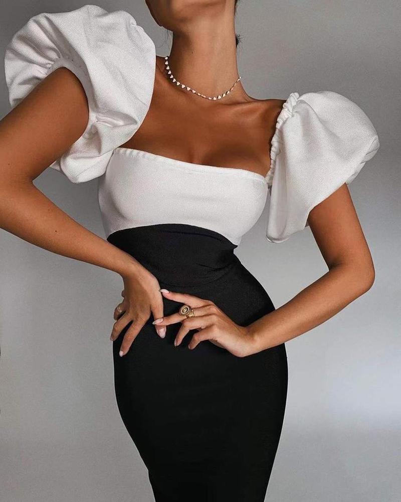 Puff Sleeve Colorblock Midi Dress