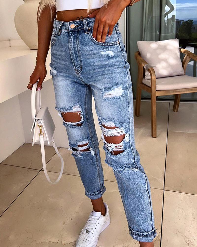   ChicMe Pocket Design Cutout Ripped Casual Jeans