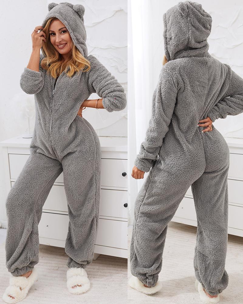  3D Ear Zipper Front Hooded Fluffy Lounge Jumpsuit