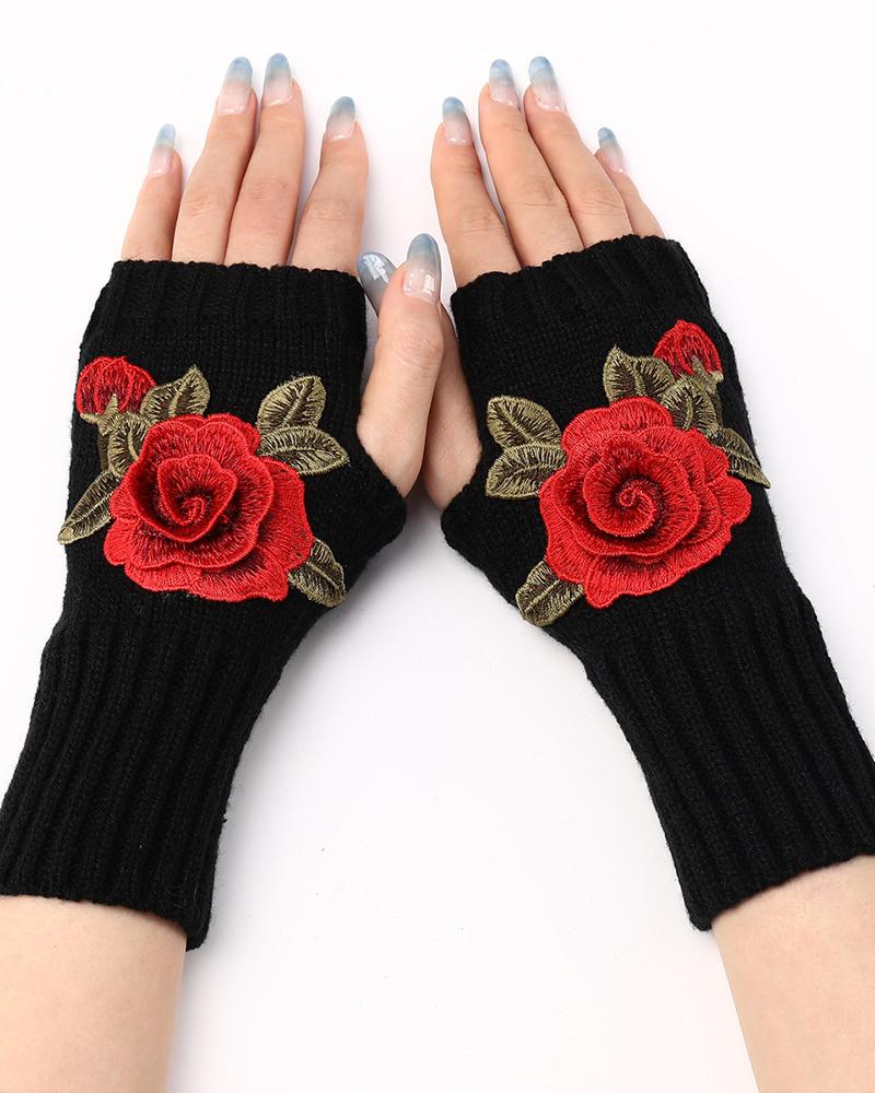 1Pair Floral Embroidery Fingerless Winter Knit Warm Gloves