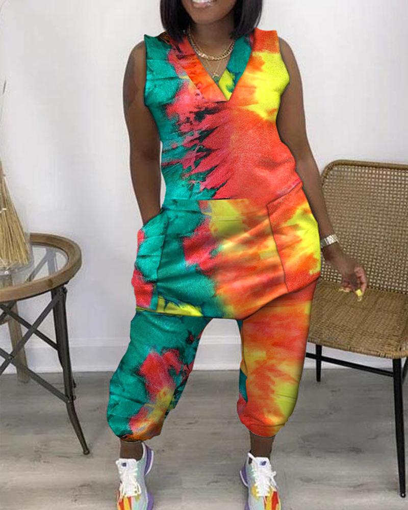 Tie Dye Print Sleeveless Pocket Design Jumpsuit