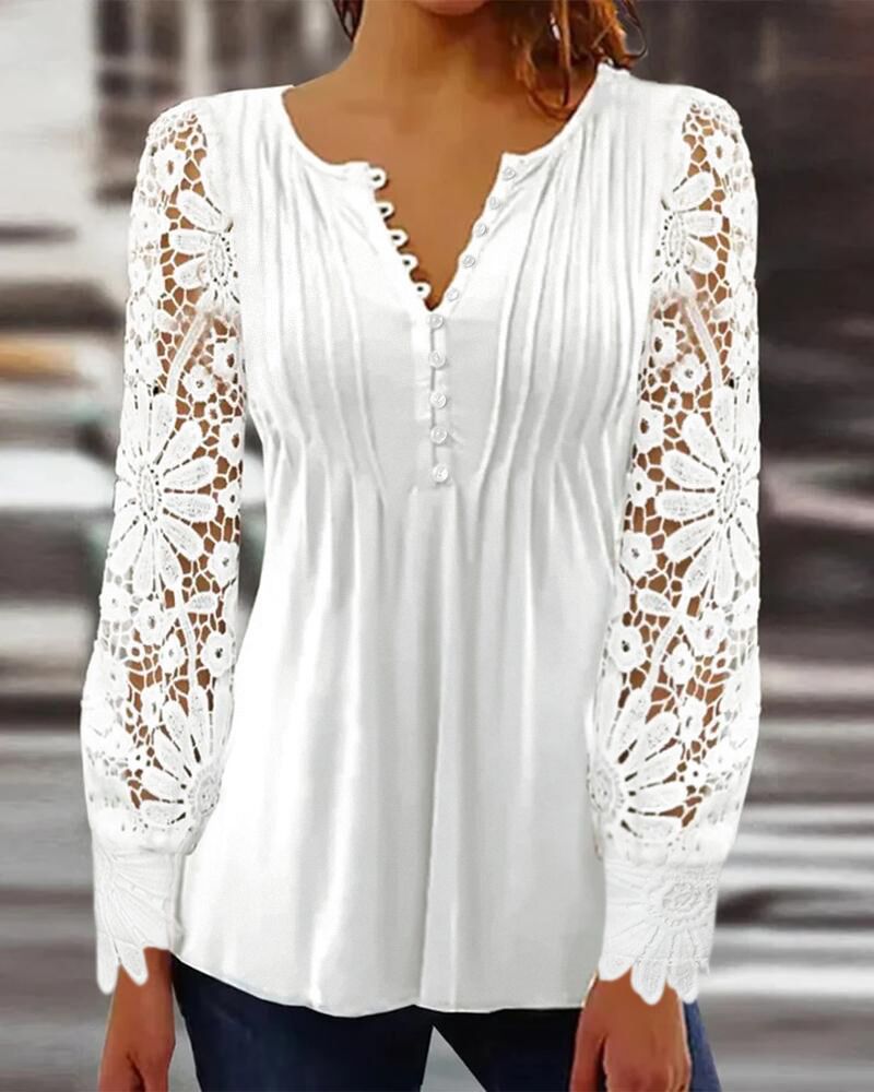 Contrast Lace Long Sleeve Button Front Top