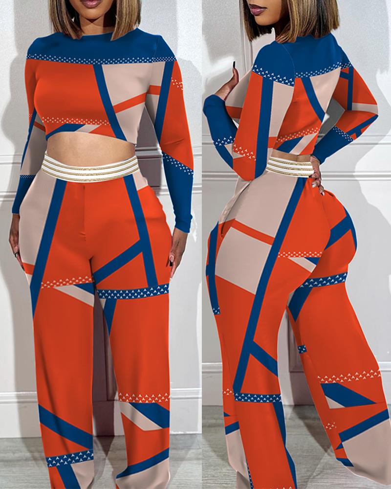 Geometric Print Colorblock Crop Top & Wide Leg Pants Set