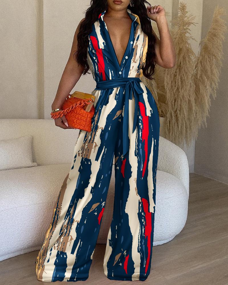 Abstract Print Striped Buttoned Wide Leg Jumpsuit