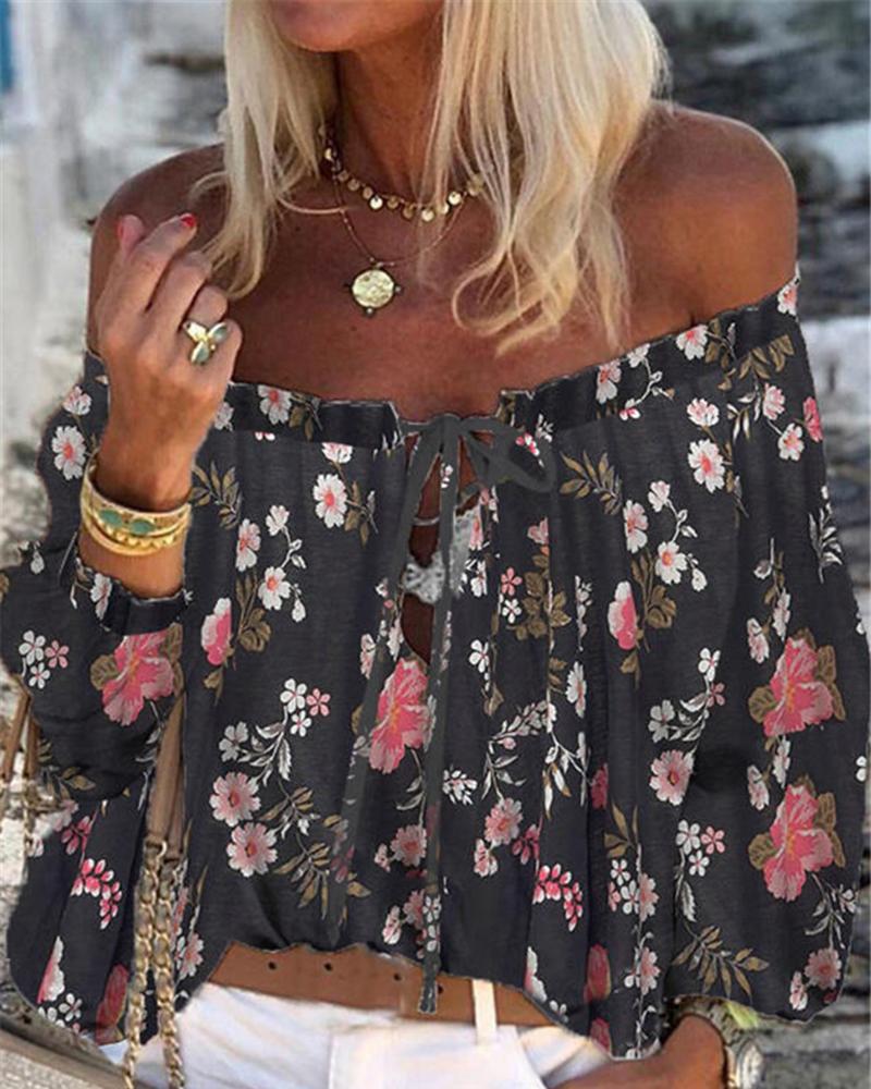 Slash Neck Printed Floral Long Sleeve Chiffon Blouse