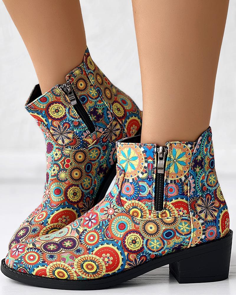 Vintage Floral Tribal Pattern Zipper Back Ankle Boots