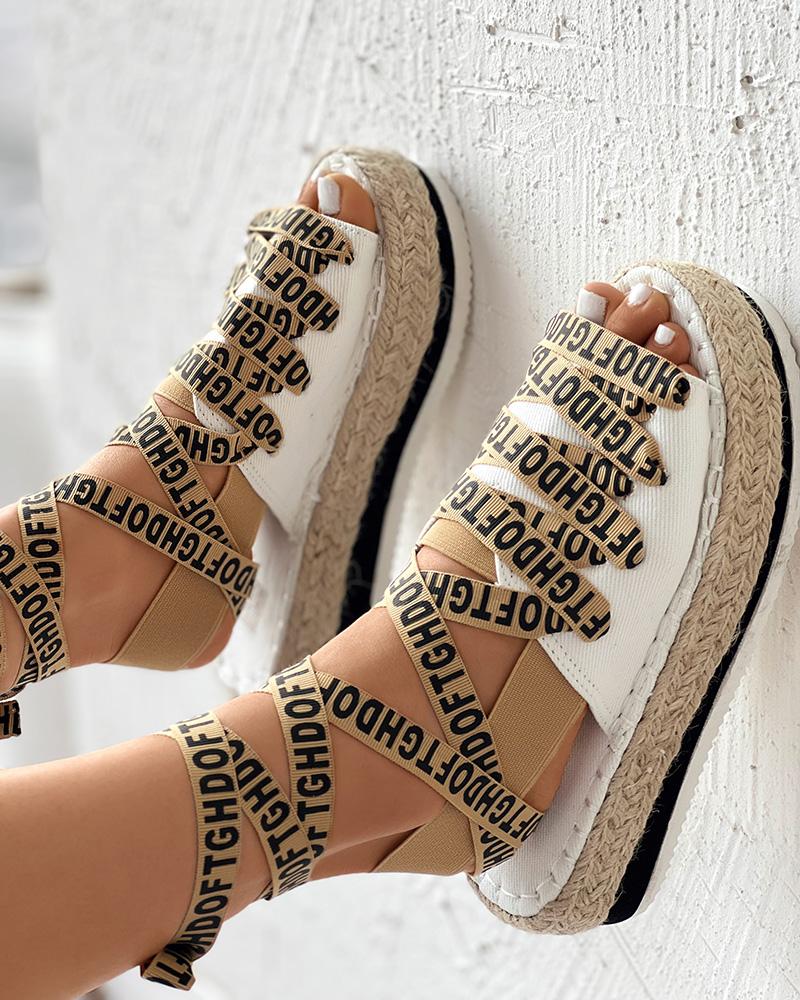 Flats-Sandals  ChicMe Letter Band Lace-up Platform Peep Toe Strappy Sandals