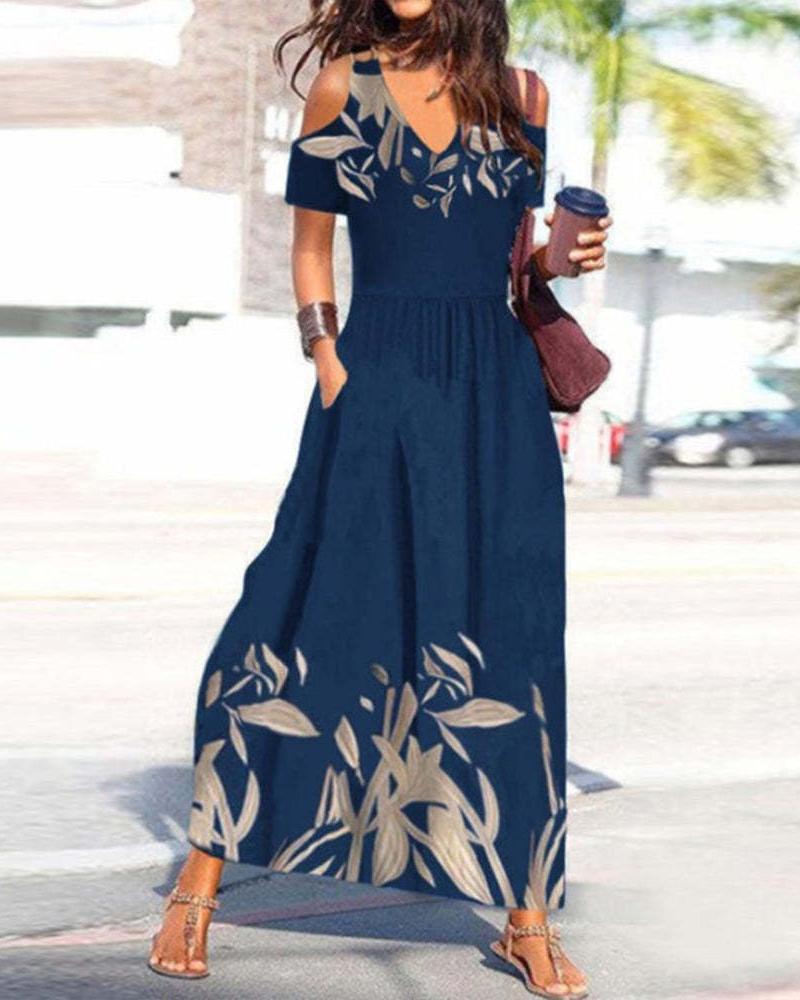 Plants Print Cold Shoulder Maxi Dress