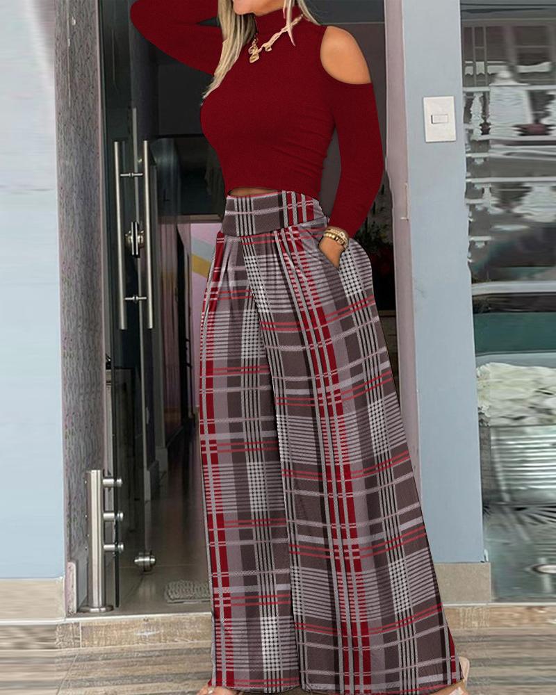 Cold Shoulder Top & Plaid Print Wide Leg Pants Set