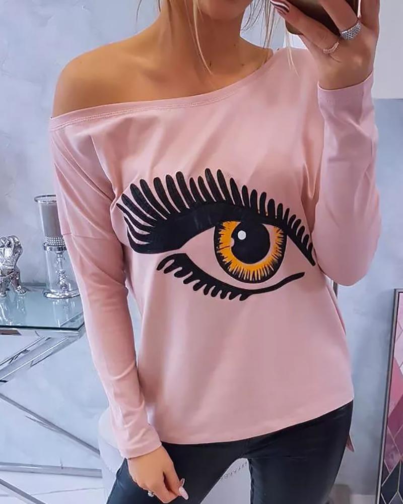 T-shirt & Tees  ChicMe Eyes Print Slash Neck Long Sleeve Top