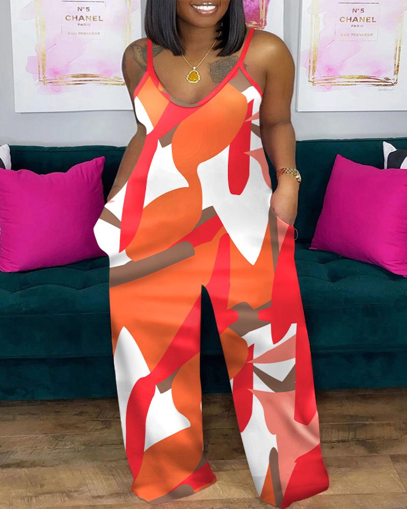 Plus Size Geometric Print Spaghetti Strap Jumpsuit