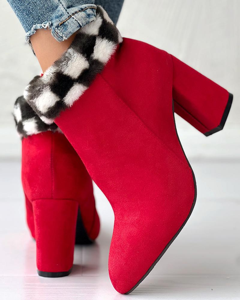 Fuzzy Plaid Detail Chunky Heel Ankle Boots