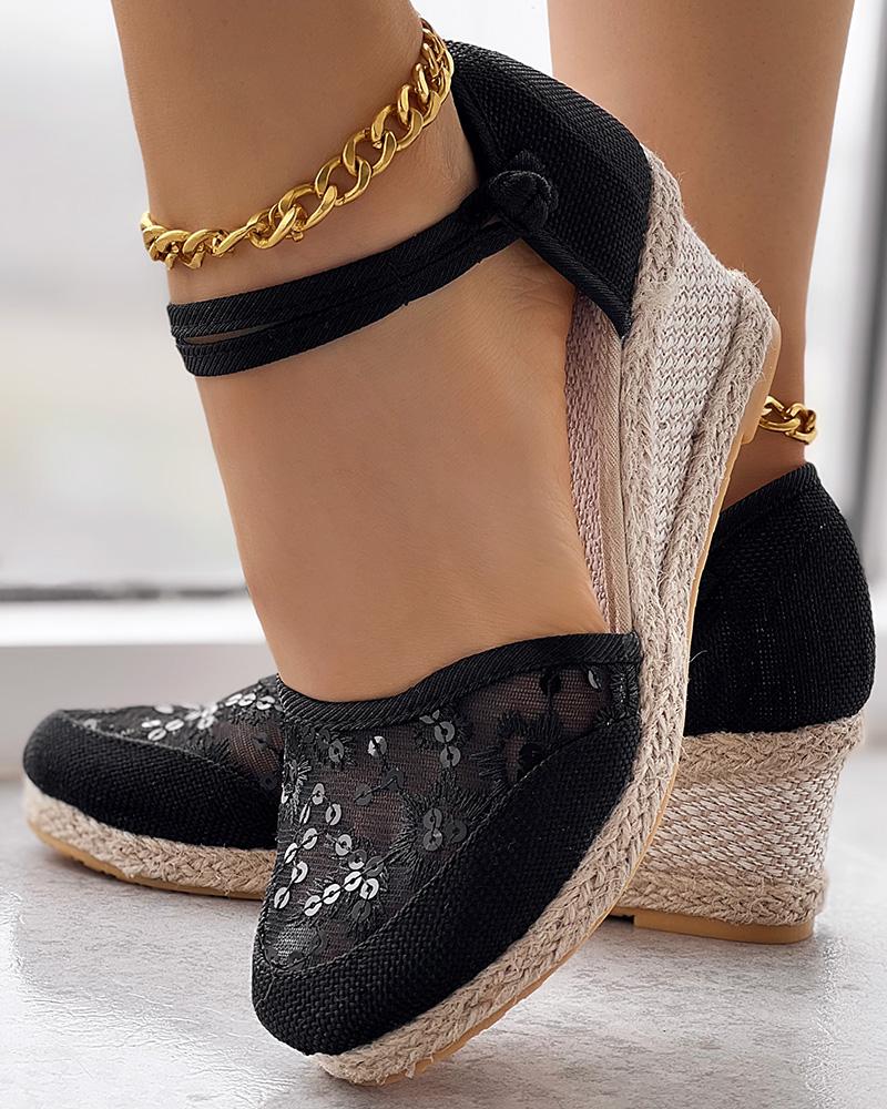 Wedges Shoes  ChicMe Embroidery Braided Espadrille Ankle Strap Wedge Sandals