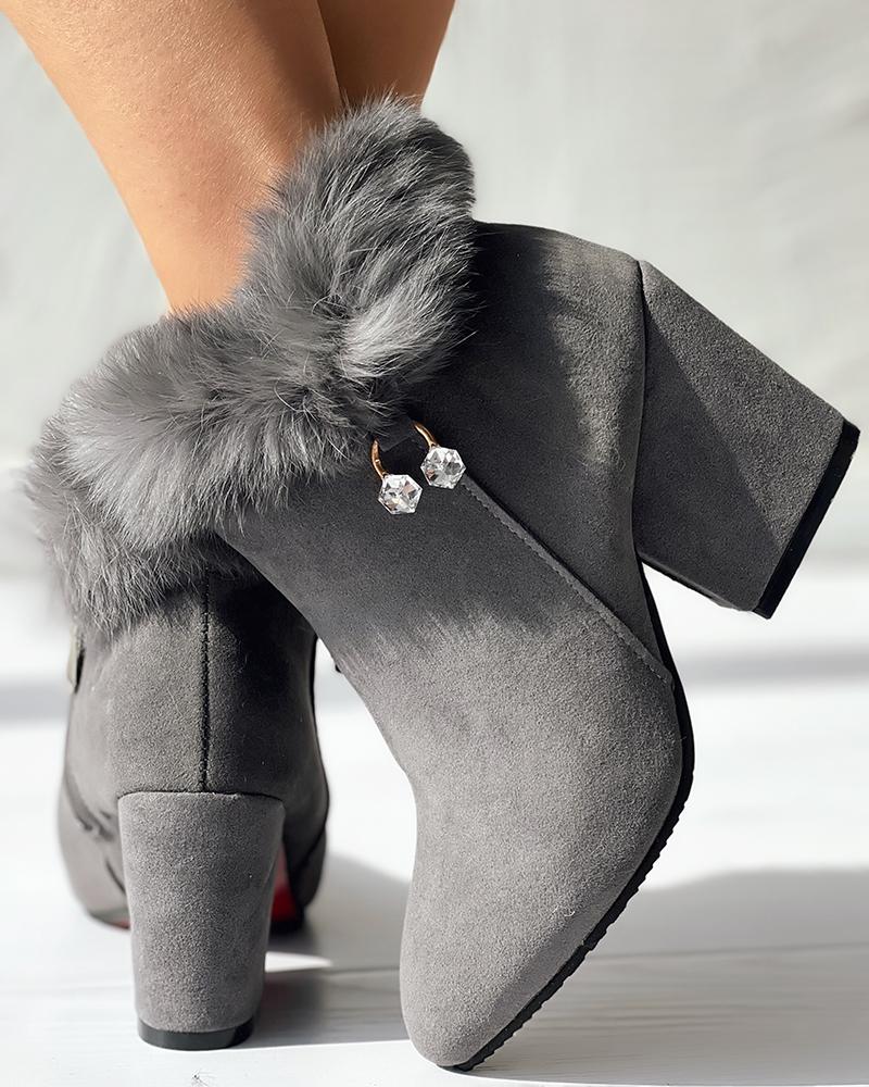 Fuzzy Trim Chunky Heel Boots