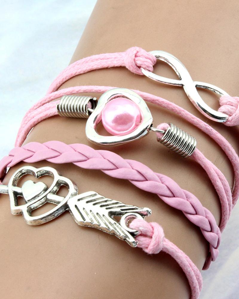 1pc Double Heart Pearl Decor Multi-Layer Braided Leather Bracelet