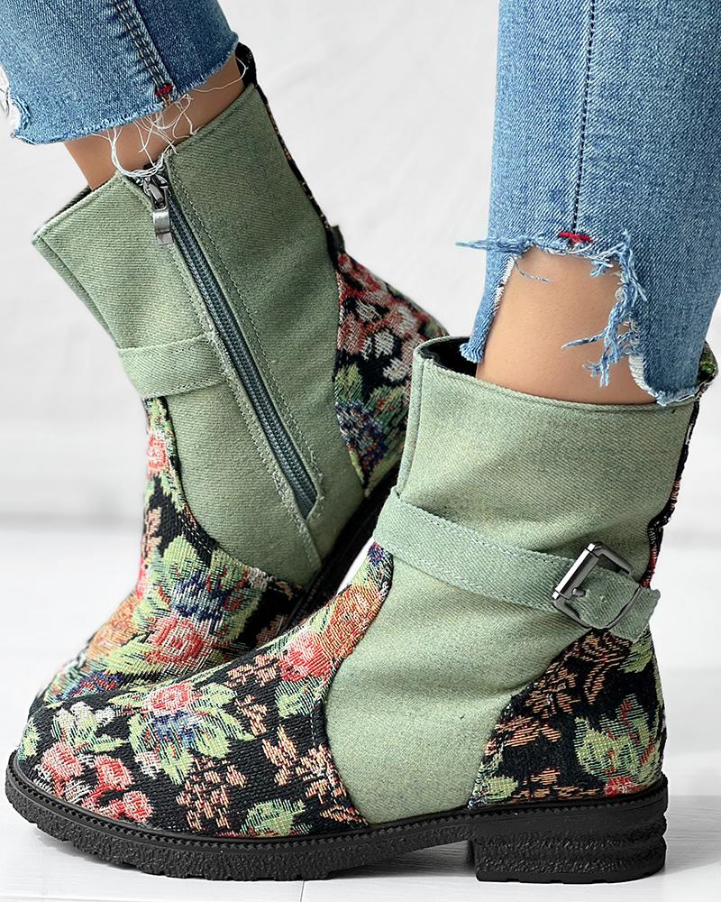 Floral Embroidery Buckled Ankle Boots