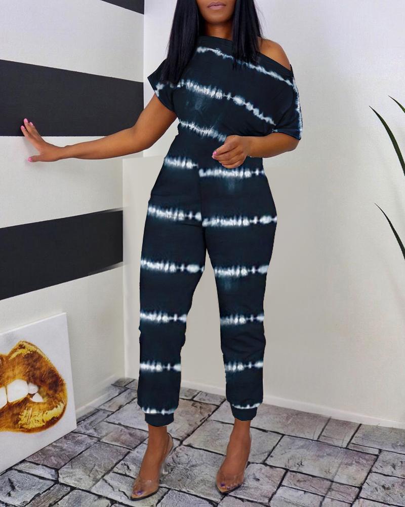 Tie Dye Print Skew Neck Casual Jumpsuit