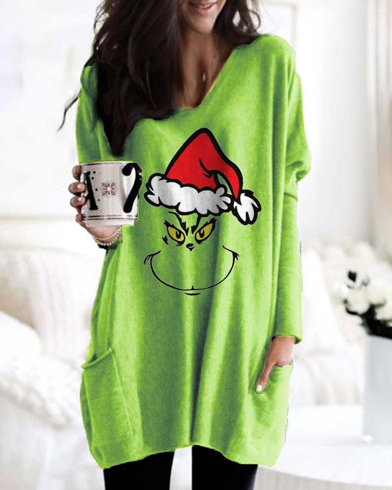 Christmas Gigot Sleeve Graphic Print Casual Dress