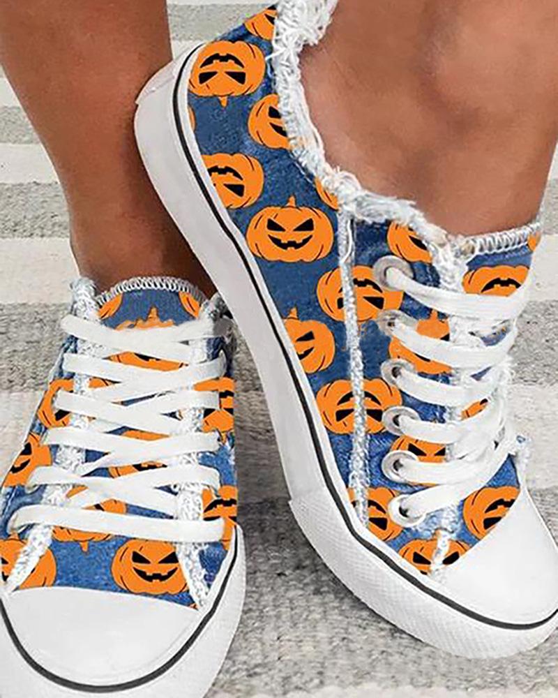 Halloween Pumpkin Print Fringe Hem Canvas Shoes