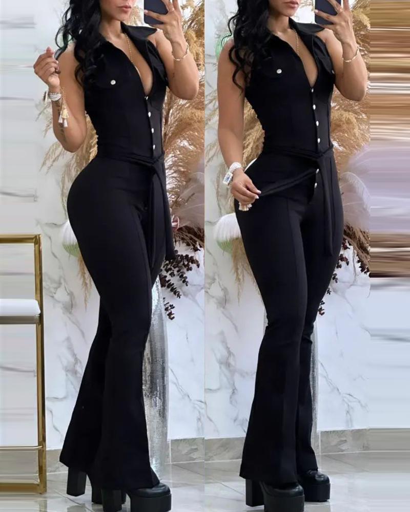 Turn Down Collar Sleeveless Flared Jumpsuit