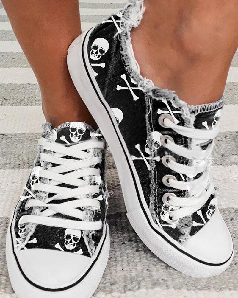 Halloween Skull Print Fringe Hem Canvas Shoes