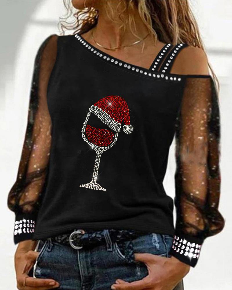 Christmas Wine Glass Print Contrast Mesh Cold Shoulder Top