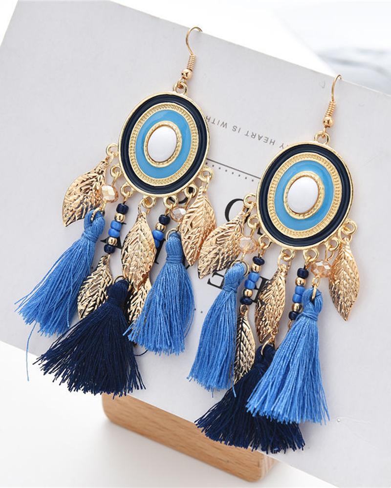 1Pair Bohemian Vintage Leaf Tassel Design Hook Earrings