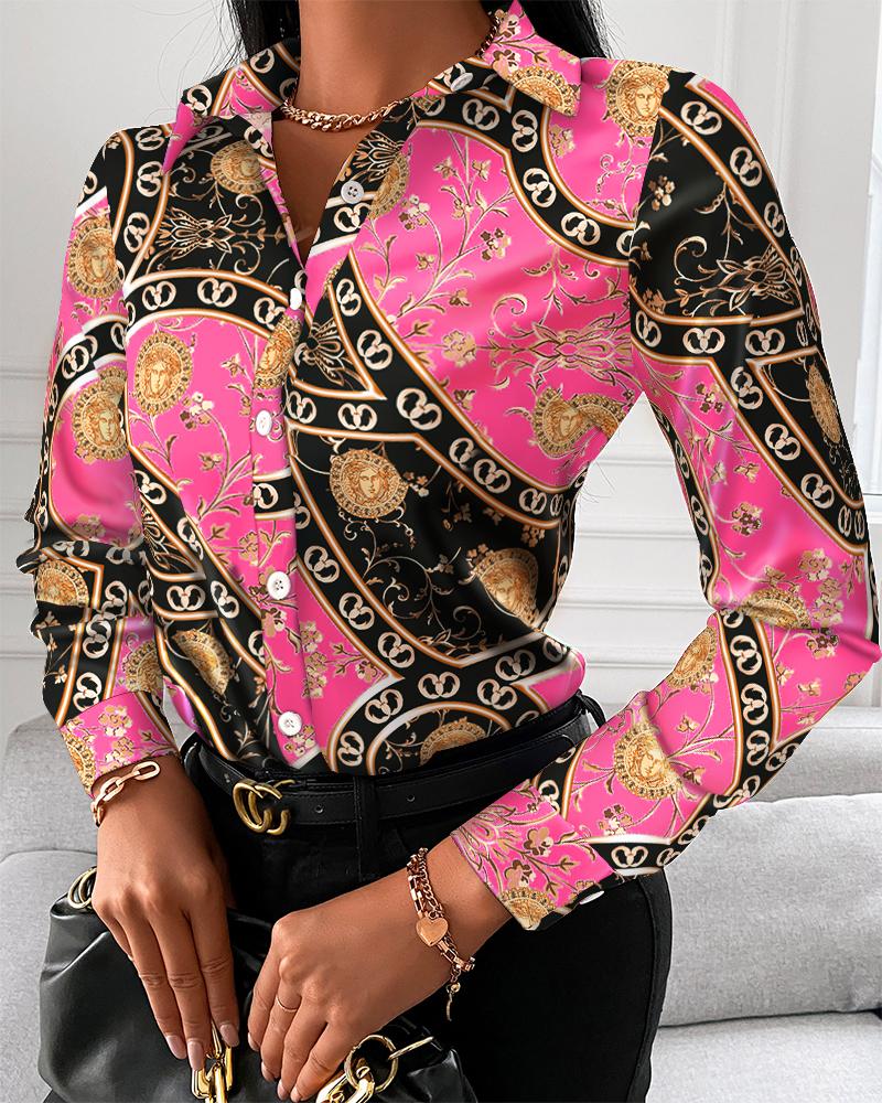 Baroque Print Button Up Long Sleeve Shirt