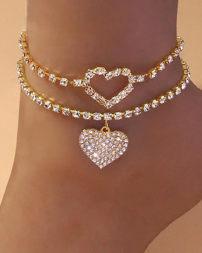 2PCS/Set Rhinestone Heart Chain Beach Anklet