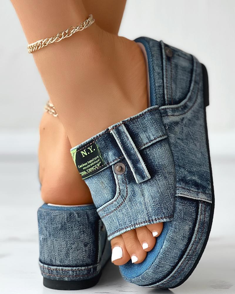 Letter Label Platform Denim Slippers