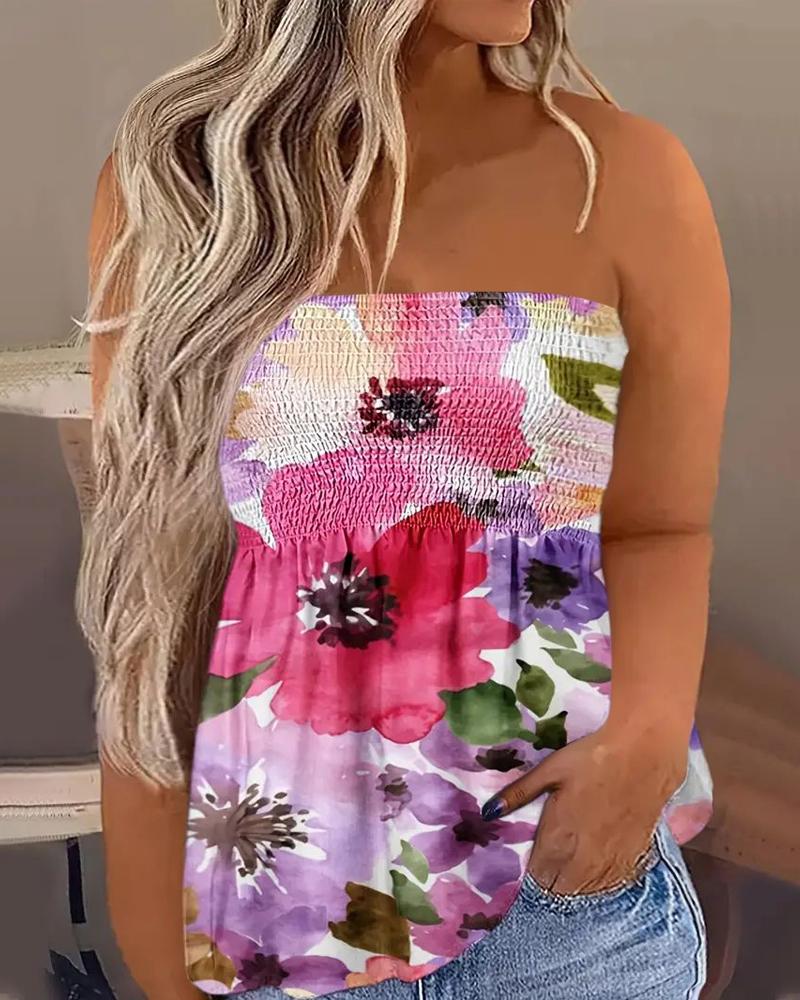 Plus Size Floral Print Shirred Bandeau Tank Top