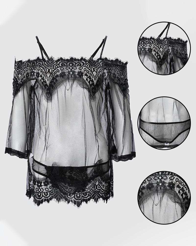 Cold Shoulder Eyelash Lace Sheer Mesh Babydoll