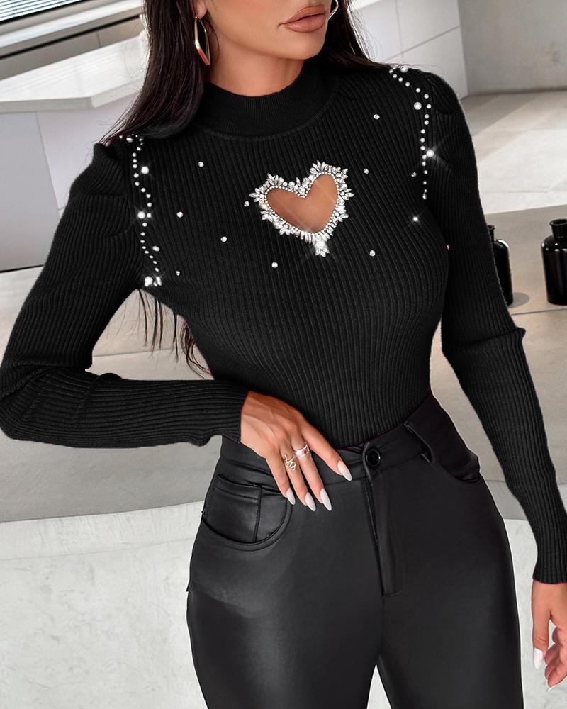 Rhinestone Hollow Heart Knit Sweater