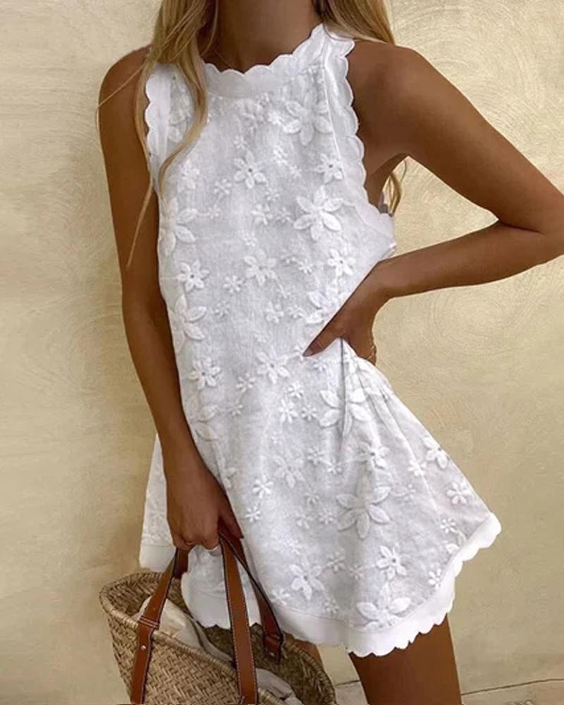 Embroidery Floral Scallop Trim Sleeveless Casual Dress