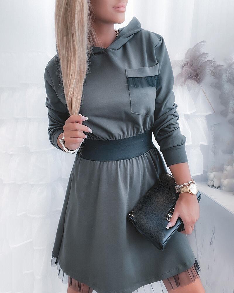 Lace Trim Long Sleeve Hooded Casual Dress