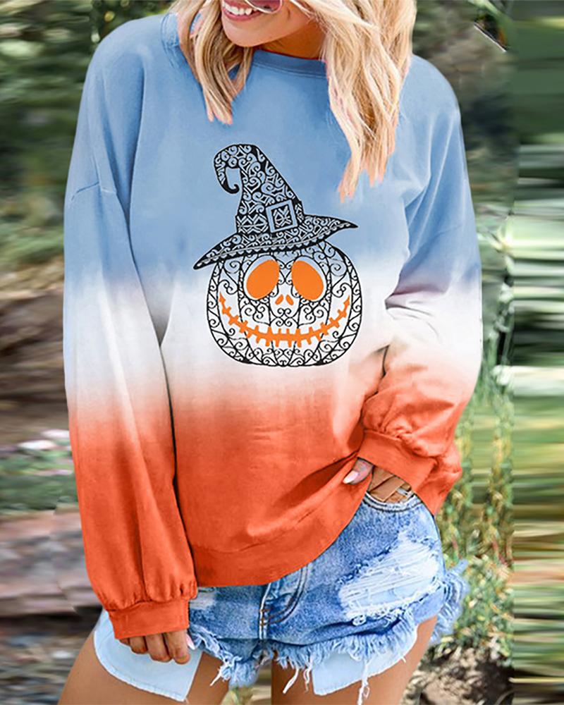 Halloween Pumpkin Bat Print Gradient Color Top